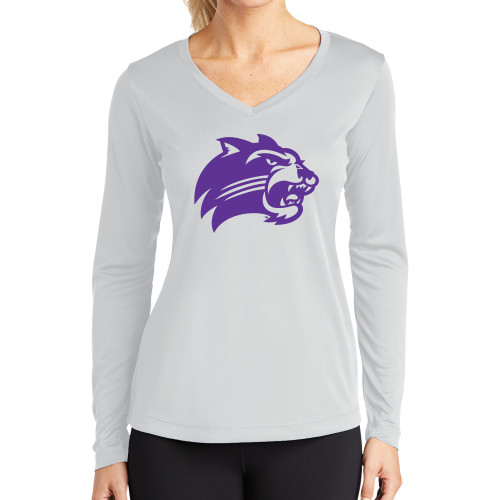  Womens White Performance Long Sleeve V Neck Shirt - Catamount Head One Color