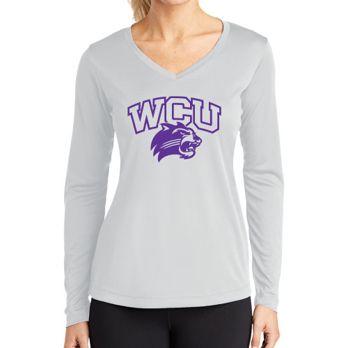  Womens White Performance Long Sleeve V Neck Shirt - Primary Athletic Mark One Color