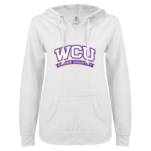  ENZA Womens White V Notch Raw Edge Fleece Hoodie - WCU Cross Country