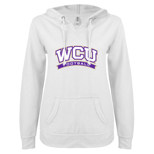  ENZA Womens White V Notch Raw Edge Fleece Hoodie - WCU Football