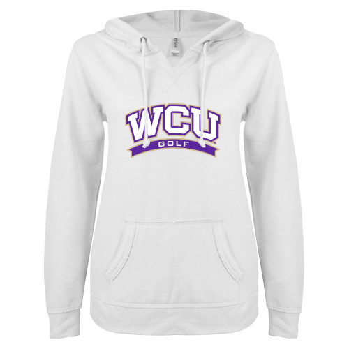  ENZA Womens White V Notch Raw Edge Fleece Hoodie - WCU Golf