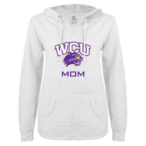  ENZA Womens White V Notch Raw Edge Fleece Hoodie - Mom