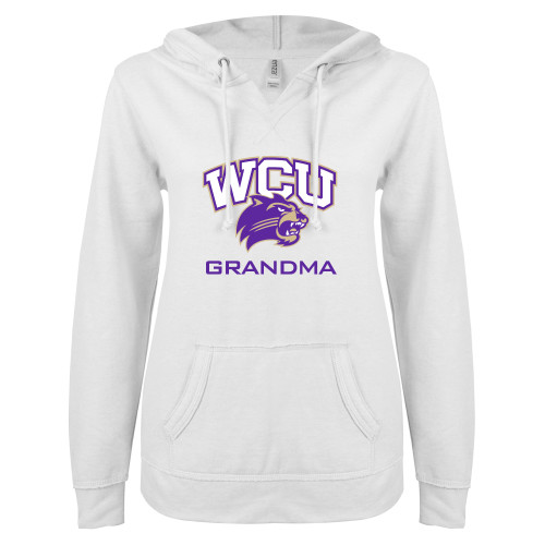  ENZA Womens White V Notch Raw Edge Fleece Hoodie - Grandma