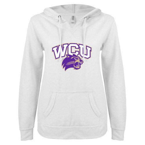  ENZA Womens White V Notch Raw Edge Fleece Hoodie - Primary Athletic Mark