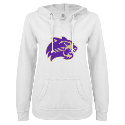  ENZA Womens White V Notch Raw Edge Fleece Hoodie - Catamount Head