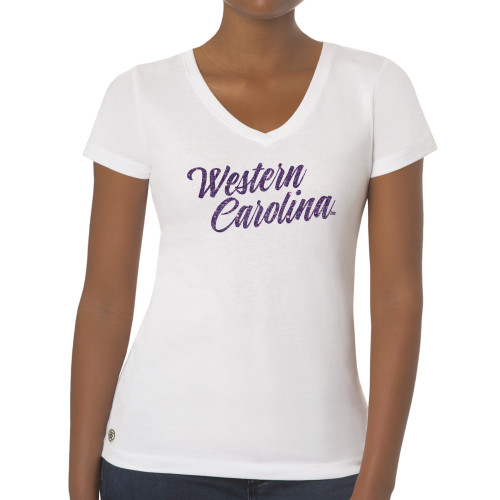  Fall Rush Ladies White V Neck Tee - I Purple Glitter