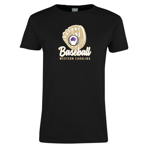  Womens Black Short Sleeve Tee - WCU Baseball with Glove