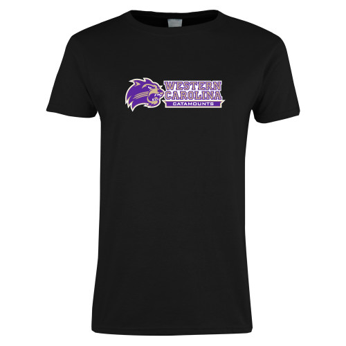  Womens Black Short Sleeve Tee - Mascot Head Next to Wordmark