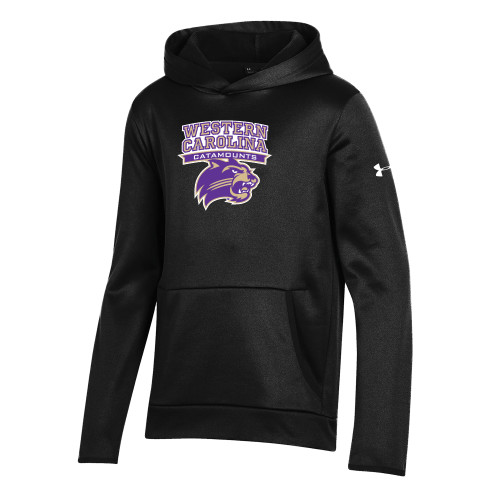  Under Armour Youth Black Fleece Hoodie - Arched Wordmark Over Mascot Head