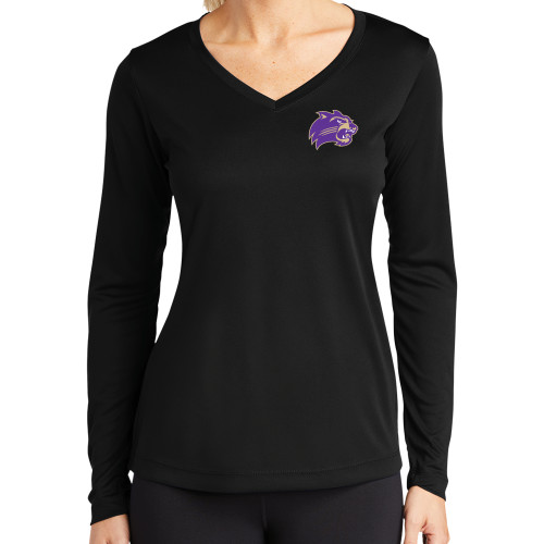 Womens Black Performance Long Sleeve V Neck Shirt - Catamount Head
