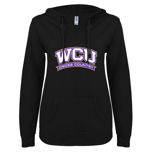  ENZA Womens Black V Notch Raw Edge Fleece Hoodie - WCU Cross Country