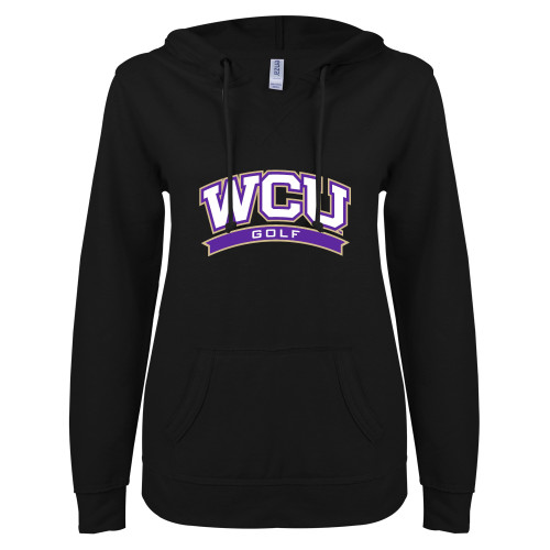  ENZA Womens Black V Notch Raw Edge Fleece Hoodie - WCU Golf