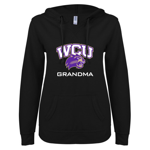  ENZA Womens Black V Notch Raw Edge Fleece Hoodie - Grandma
