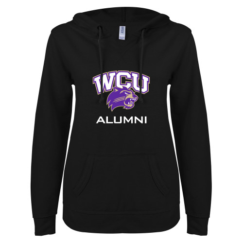  ENZA Womens Black V Notch Raw Edge Fleece Hoodie - Alumni