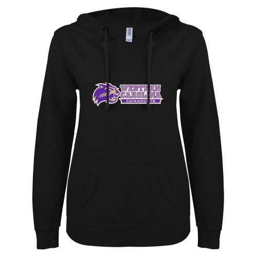  ENZA Womens Black V Notch Raw Edge Fleece Hoodie - Mascot Head Next to Wordmark