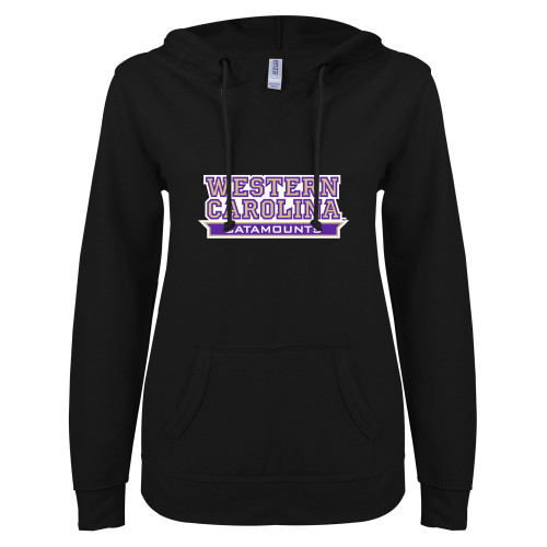  ENZA Womens Black V Notch Raw Edge Fleece Hoodie - Western Carolina Catamounts