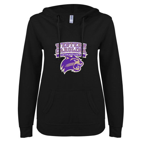  ENZA Womens Black V Notch Raw Edge Fleece Hoodie - Arched Wordmark Over Mascot Head