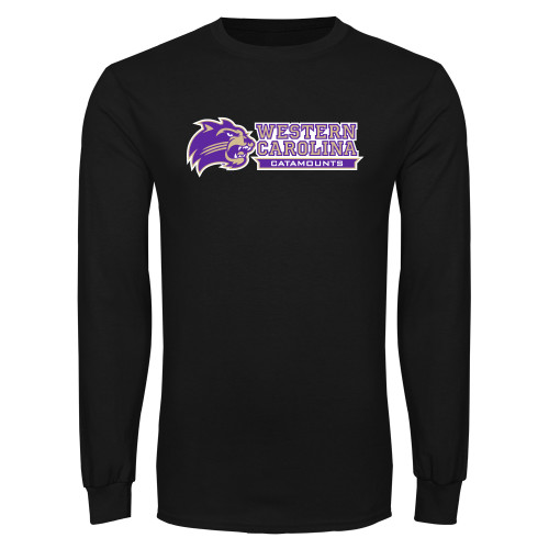  Black Long Sleeve T Shirt - Mascot Head Next to Wordmark