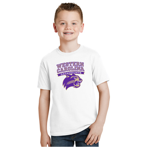  Youth White T Shirt - Arched Wordmark Over Mascot Head