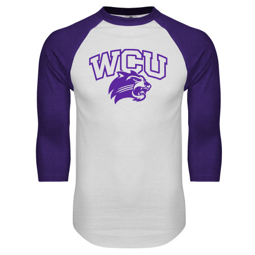  White/Purple Raglan Baseball T Shirt - Primary Athletic Mark One Color
