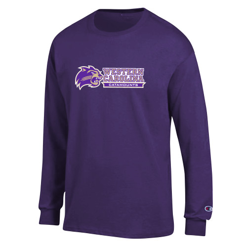  Champion Purple Long Sleeve T Shirt - Mascot Head Next to Wordmark