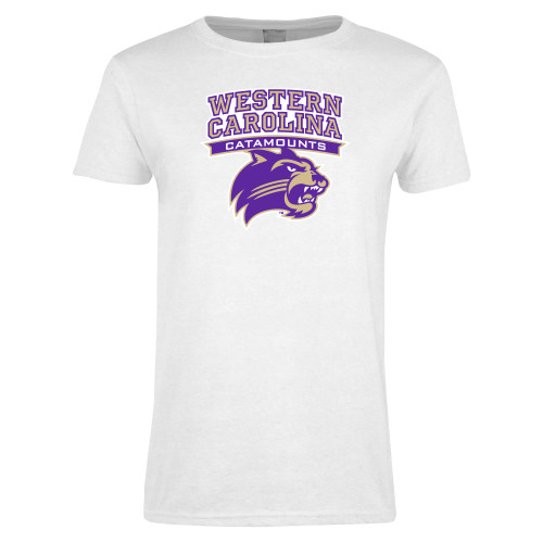  Womens White Short Sleeve Tee - Arched Wordmark Over Mascot Head