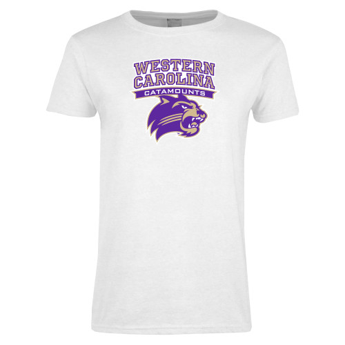 Womens White Short Sleeve Tee - Arched Wordmark Over Mascot Head