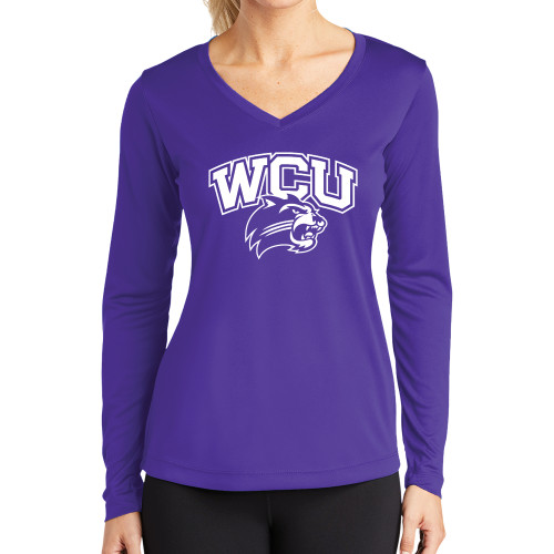  Womens Purple Performance Long Sleeve V Neck Shirt - Primary Athletic Mark One Color