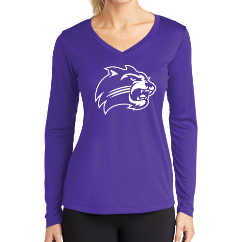  Womens Purple Performance Long Sleeve V Neck Shirt - Catamount Head One Color