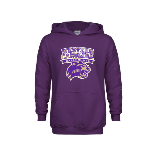  Youth Purple Fleece Hoodie - Arched Wordmark Over Mascot Head