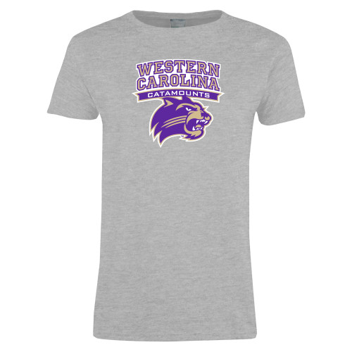  Womens Grey Short Sleeve Tee - Arched Wordmark Over Mascot Head