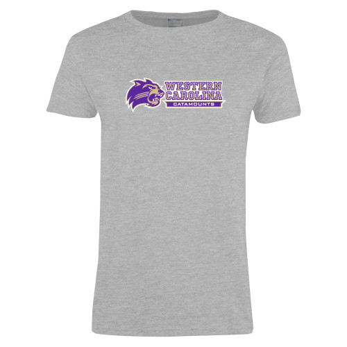  Womens Grey Short Sleeve Tee - Mascot Head Next to Wordmark