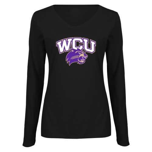  Womens Black Long Sleeve V Neck Tee  - Primary Athletic Mark