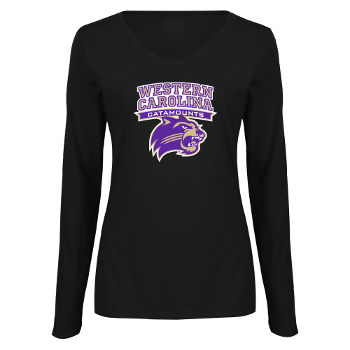  Womens Black Long Sleeve V Neck Tee  - Arched Wordmark Over Mascot Head