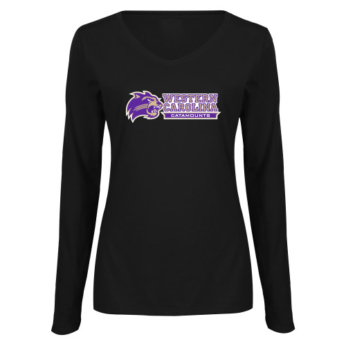  Womens Black Long Sleeve V Neck Tee  - Mascot Head Next to Wordmark