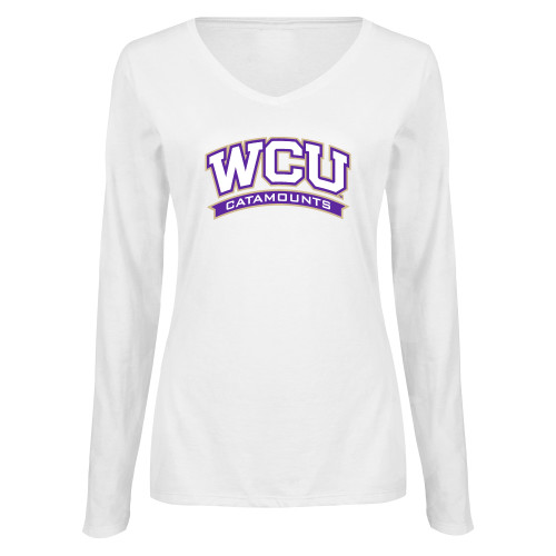  Womens White Long Sleeve V Neck Tee - Arched WCU Catamounts Mark
