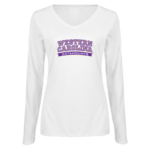 Womens White Long Sleeve V Neck Tee - Western Carolina Catamounts Arched