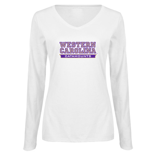  Womens White Long Sleeve V Neck Tee - Western Carolina Catamounts