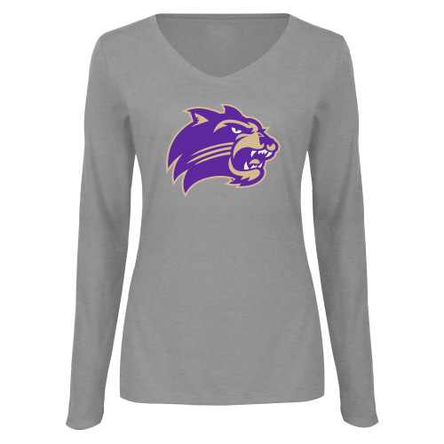  Womens Grey Long Sleeve V Neck Tee  - Catamount Head