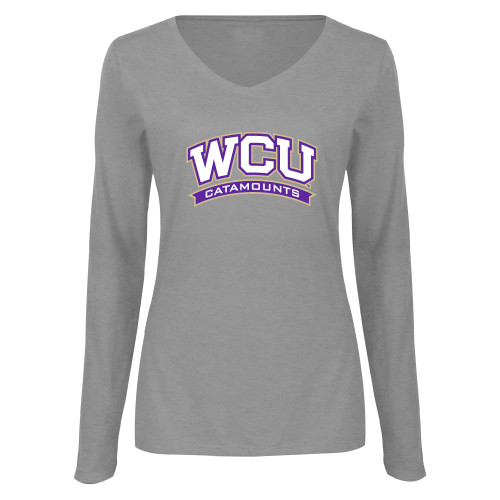  Womens Grey Long Sleeve V Neck Tee  - Arched WCU Catamounts Mark