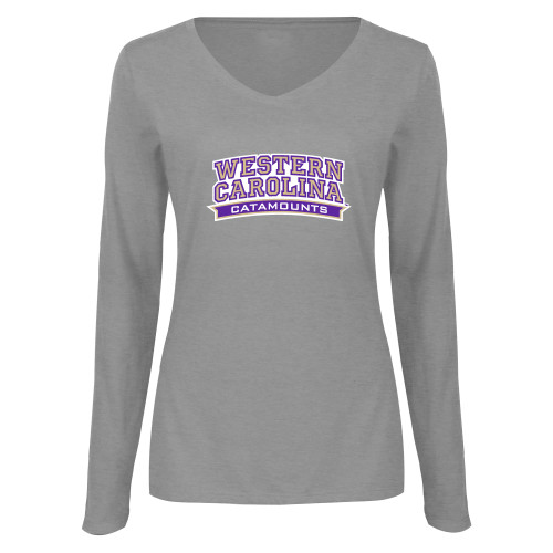  Womens Grey Long Sleeve V Neck Tee  - Western Carolina Catamounts Arched