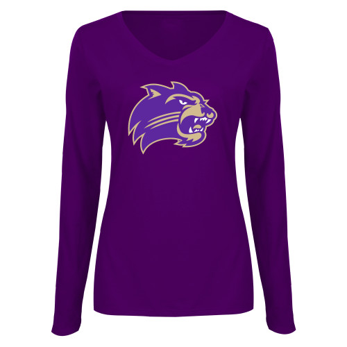  Womens Purple Long Sleeve V Neck Tee  - Catamount Head