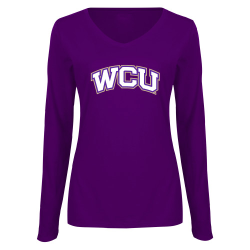  Womens Purple Long Sleeve V Neck Tee  - WCU Arched