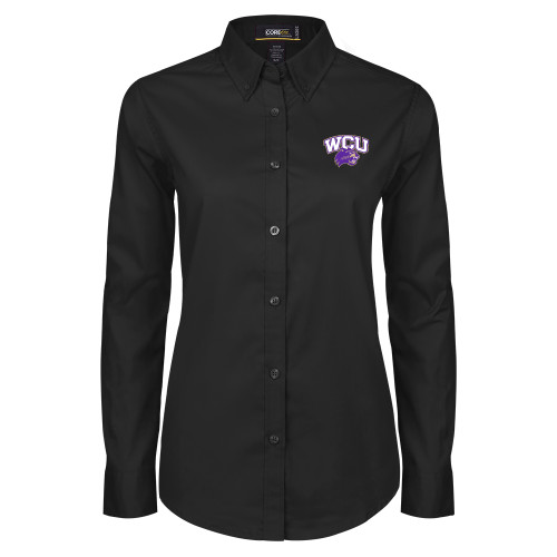  Womens Black Twill Button Down Long Sleeve  - Primary Athletic Mark