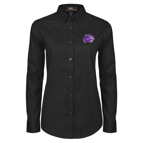  Womens Black Twill Button Down Long Sleeve  - Catamount Head