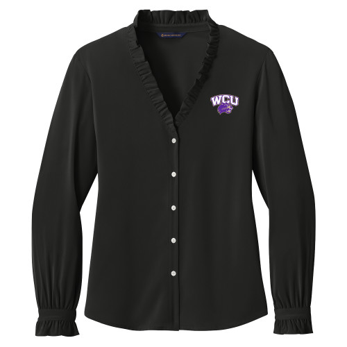  Brooks Brothers Womens Black Long Sleeve Ruffle Collar Blouse - Primary Athletic Mark