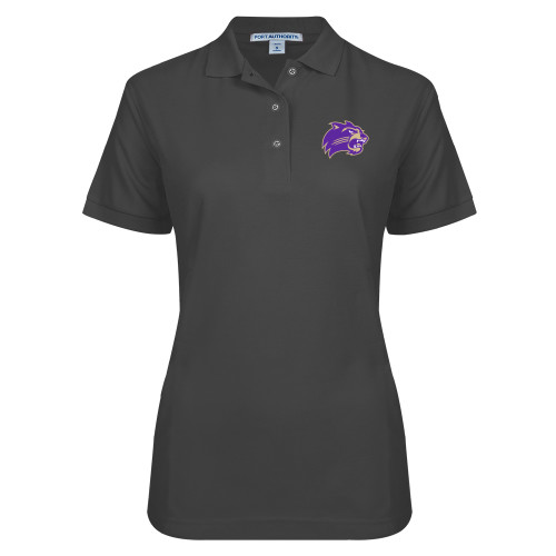  Womens Silk Touch Charcoal Pique Polo - Catamount Head