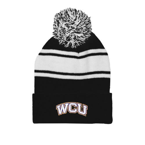  Black/White Two Tone Knit Pom Beanie w/Cuff - WCU Arched