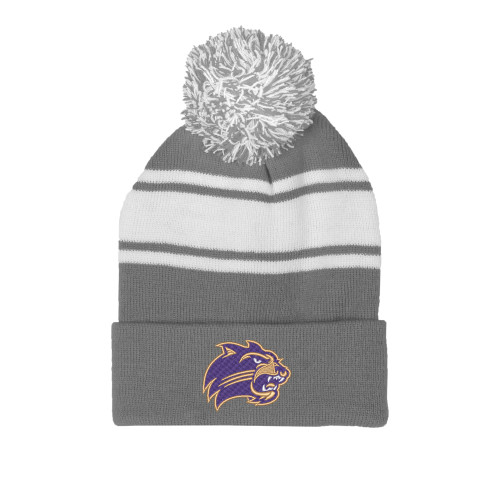  Grey/White Two Tone Knit Pom Beanie w/Cuff - Catamount Head