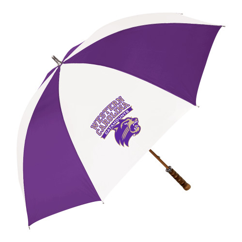  64 Inch Purple/White Umbrella - Arched Wordmark Over Mascot Head
